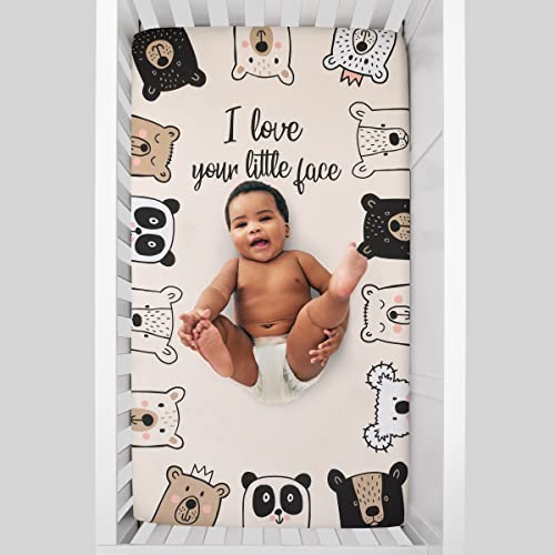 Image of NoJo I Love Your Little Face Bears White 100% Cotton Photo Op Nursery Fitted Crib Sheet