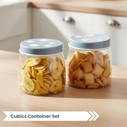 Image of FLAIR Cubics Airtight Food Storage Containers Set of 2 (1000ml each) with Spoon - Blue, BPA-Free, PET Plastic Jars, Space-Saving for Pantry, Snacks
