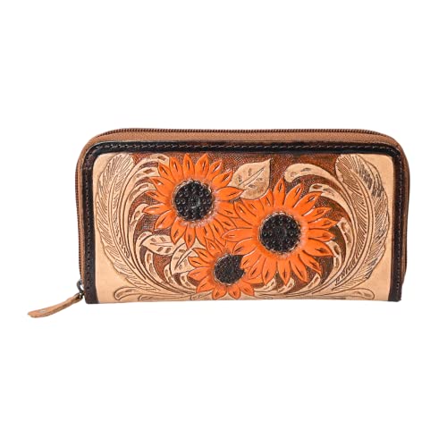 Western Go To Gear Sunflower Tooled Handmade Bifold Wallet (Tan & Orange)