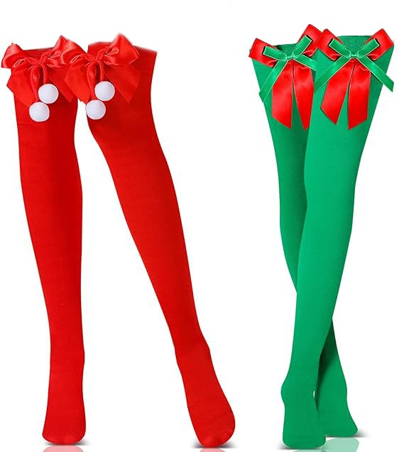KATELUO Calcetines hasta la Rodilla Navidad, 2pcs Calcetines Largos Niña Navidad, Calcetines Altos Navidad, Adecuado para Decoración de Disfraces Navideños, Cosplay, Puesta en Escena