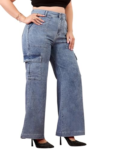 Image of Miss Chase A+ Women's Wide-Leg High-Rise Regular-Length Stretchable Cargo Denim Jeans