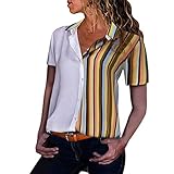 [page_title]-Ashui Damen Wickelblusen Kurzarm T-Shirt Bluse Oberteil Gestreiftes Druck Chiffonblusen Spleiß Bluse Sommer Freizeit Lose Schluppenbluse Strandshirts Blusenshirts Tops