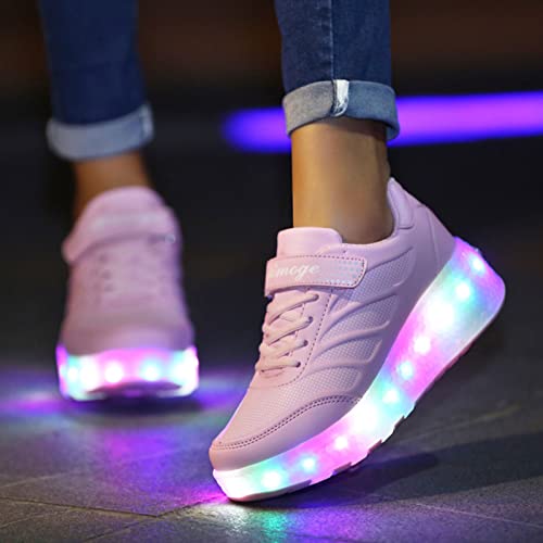 EMDPBD LED Roller Skates with Double Wheels for Kids USB Rechargeable Shoes Retractable Roller Skates Sneakers Shoes for Girls Boys,Pink-4.5BigKid3