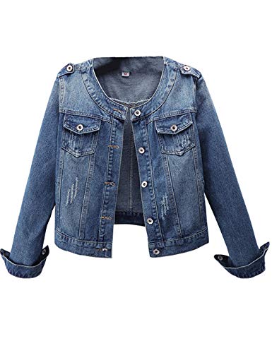 Yimoon Women's Casual Long Sleeve Collarless Washed Denim Jean Jackets (Blue, Small) #TOP4
