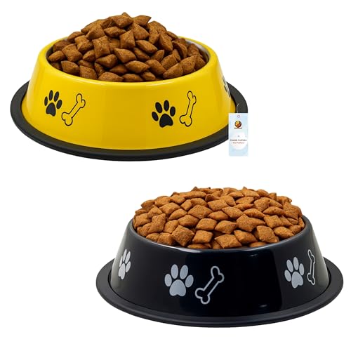 Image of Foodie Puppies Stainless Steel Dog Bowl Combo - (Medium, 700ml) Food and Water Feeding Gift Bowl | Suitable for Dogs, Cats and Other Pets I Paw Bone Print, Anti-Skid Rubber Base (Black + Yellow)