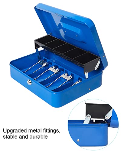 Cash Box With Money Tray And Lock, Large Money Box For Cash, 5 Coin Compartments, 4 Spring-Loaded, Money Safe With Security Cable, Blue #TOP6