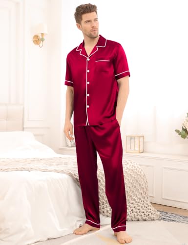Image of SWOMOG Mens Satin Pajama Set Short Sleeve Classic Sleepwear Button Down Silky Loungewear with Long Pants