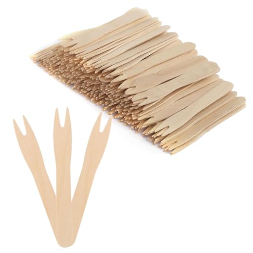 OUDQFCJ 100 Holzgabeln Pommesgabel Pommespieker aus Holz Holzbesteck Partybesteck Partygeschirr für Party Geburtstag Camping und Picknick (85MM)