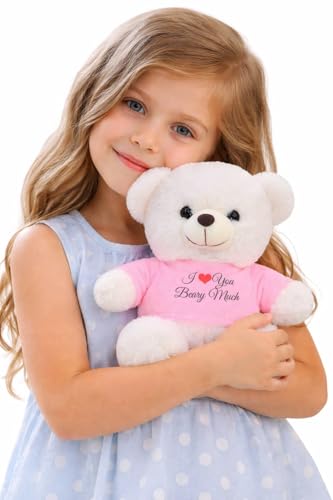 Image of Cute White Teddy Bear with Pink inchI Love You Beary Much inch T-Shirt | Soft Plush Toy for Kids & Girl Friend Gift | Hugable Stuffed Animal | 30 cm
