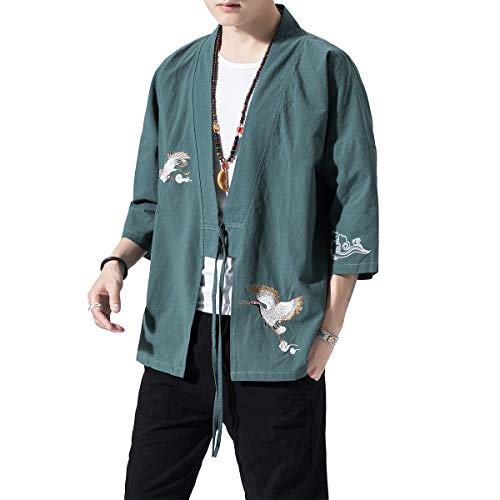 Image of PRIJOUHE Men's Kimono Jackets Cardigan Lightweight Casual Cotton Blends Linen Seven Sleeves Open Front Coat Outwear