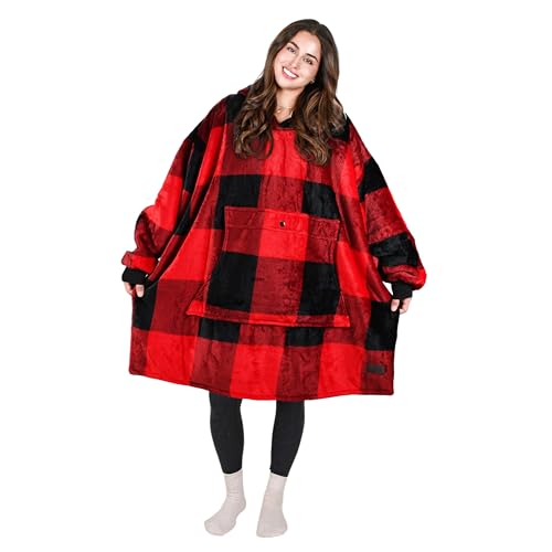 Tirrinia Red Plaid Oversized Sherpa Wearable Blanket Hoodie