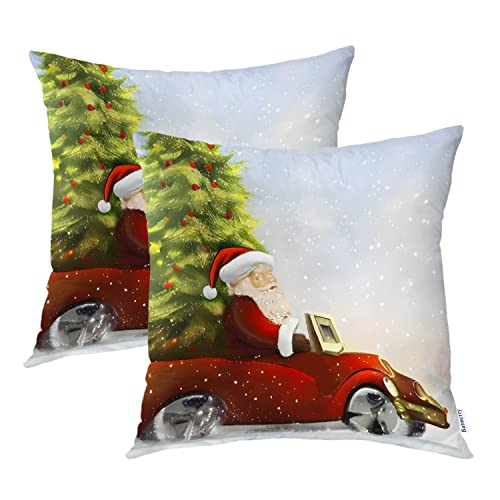 Batmerry Christmas Tree Throw Pillow Covers,Toy Santa Claus with Child in Car Decorative Pillow Covers Digital Printing Blended Fabric for Couch Sofa Bed Invisible Zipper 18X18 in