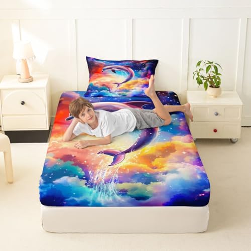 Image of jejeloiu Dolphin Bed Sheets Set Full Size Sea World Bed Set for Kids Boys Girls Tropical Ocean Deep Pocket Fitted Sheet Marine Life Breathable Soft Lightweight Microfiber