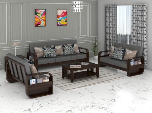 Image of Sheesham Wood 7 Seater Sofa Set for Living Room & Office Solid Wood Furniture with 40 Density Grey Cushions Wooden Seven Seater Sofa (Natural Finish)
