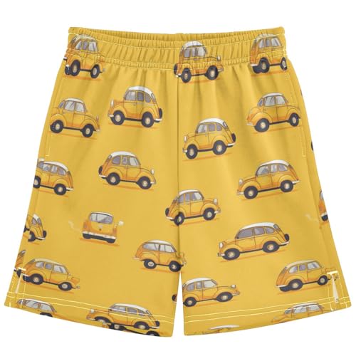 Boys Athletic Shorts with Pockets Old Yellow Car Running Basketball Shorts for Youth Elastic Waist Size 7-8