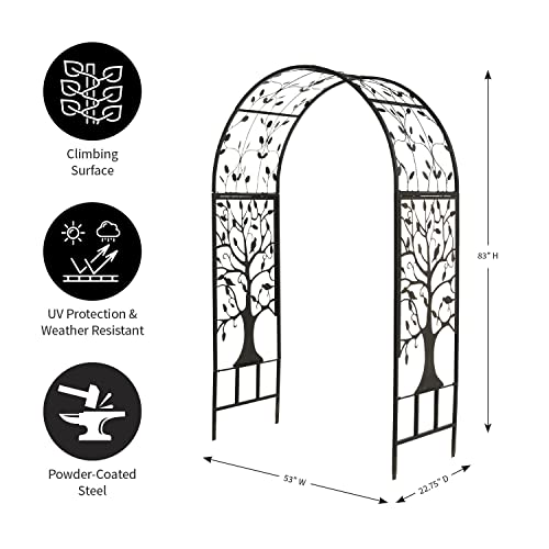 Plow & Hearth Arch Metal Outdoor Garden Arbor | Tree of Life | 83 Inches Tall | Black | Steel Trellis Lattice for Plants & Heavy Vines | Wedding | Outdoor Patio Décor