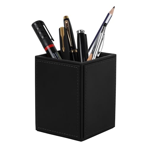 Image of V-CUBE DESIGNS Premium Vegan Leather Pen Holder for Desk & Study Table Accessory | Marker /Pencil Stand for Student | Stationery Organizer for Office Table & Home | 6mm Thickness with MDF Core |Black