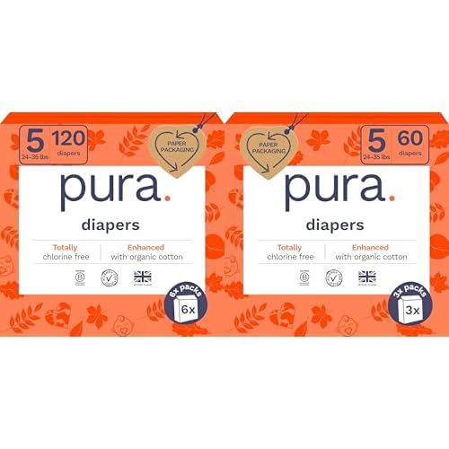Image of Pura Sensitive Skin Baby Diapers | Size 5 (24-35 lbs) | Bulk, Hypoallergenic, Totally Chlorine Free, Fragrance Free, | 9 Packs of 20 (180 Diapers)