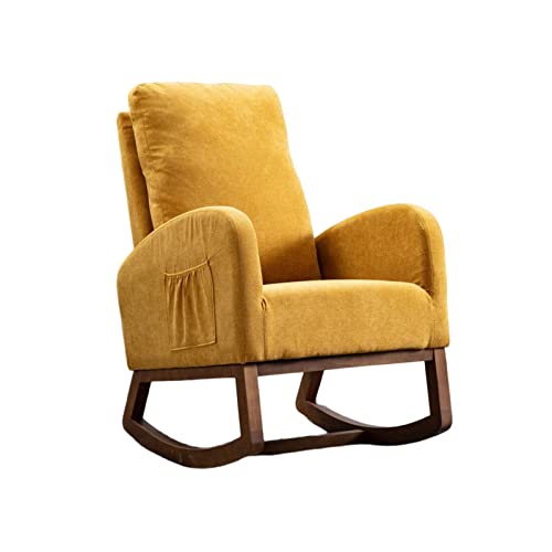 Image of jeerbly Nursery Rocking Chair,Upholstered Fabric Accent Armchair,Wooden Padded Seat with 2-Side Pocket,Nursing Chair with Rubber Wood Legs,Glider Chair for Nursery,Living Room,Home Office (Yellow)