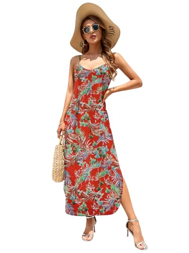 Image of HUSKARY Women's Summer Casual Sleeveless V Neck Strappy Split Loose Dress Beach Cover Up Long Cami Maxi Dresses with Pocket
