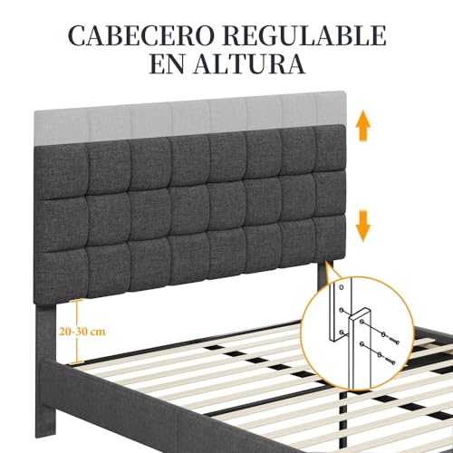 Yaheetech Marco de Cama Tapizada de 160 x 200 cm Camas de Matrimonio con Cabecero Regulable en Altura Estructura Estable con Listón de Madera, Color Gris Oscuro - imagen 8