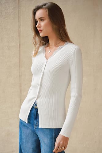 Arach&Cloz Women's Cardigan 100% Cotton V Neck Sweaters Date Night Outfit Lace Trim Ribbed Long Sleeve Going Out Tops Fitted Button Down Spring Summer Valentines Day Cute Trendy Clothes 2026 Beige XL — view 3