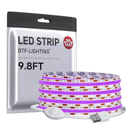 Image of BTF-LIGHTING FCOB COB LED Strip Lights 5V USB Powered Purple Color for TV | 9.8FT 960LEDs CRI90+ Dimmable Super Bright LED Light with 3M Tape for TV Backlight PC 3D Printer Cabinet Home DIY Lighting