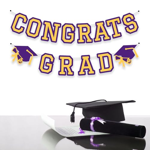 Image of Congrats Grad Banner Graduation Party Banner Decoration Hanging Garland High School College Backdrop Supplies Purple Yellow