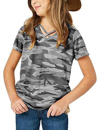 Image of Girls Camouflage Stripe Short Sleeve Shirts V Neck Criss Cross Tees Sweat Kids Casual Sport Tops Blouse(4-15T)