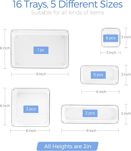 Image of Clear Plastic Drawer Organizers Set, 4-Size Versatile Bathroom and Vanity Drawer Organizer Trays, Storage Bins for Makeup, Bedroom, Kitchen Gadgets Utensils and Office (16 PC SET)