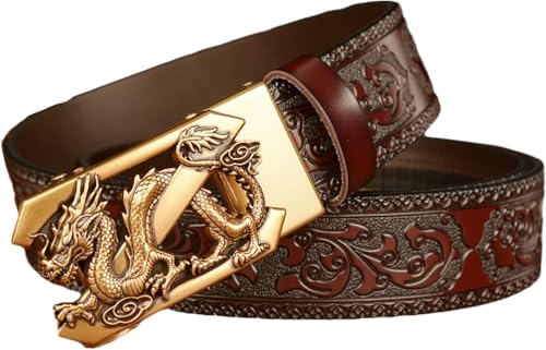 Men's Leather Ratchet Embossed Belt With 3D Gold Z-Dragon Auto Buckle Adjustable Western Strap3