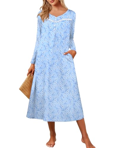 Ekouaer Women's Long Sleeve Nightgown Full Length Pajama Dress with Pockets V Neck Nightshirts Lace Trim Sleepwear