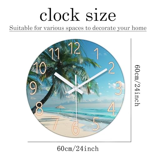 Image of XFM Large Tropical Beach Wall Clock Silent Non-Ticking 24 Inch | Silent Non-Ticking Battery Operated Blue Modern Glass Palm Tree Decorative for Living Room Kitchen Bedroom Office