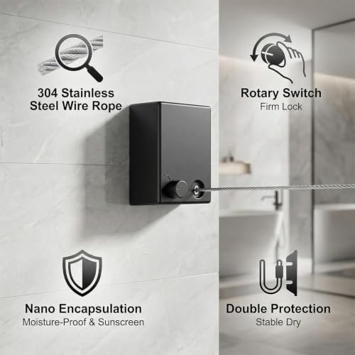 Image of Japanese Retractable Clothesline 4.2 Meter | Wall Mounted Clothes Drying Rope with Stainless Steel Wire, Rotary Lock & Smooth Retract System (Single Line Japanese Black)