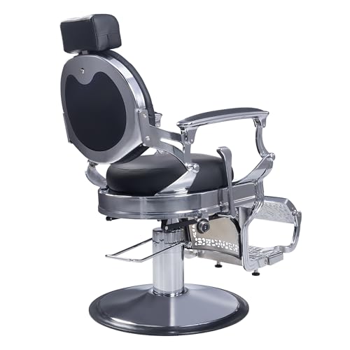 Image of Vintage Aluminum Barber Chair for Hair Stylist, Heavy Duty Barber Chair for Barbershop,Hydraulic Reclining Hair Salon Chair, 360 Degree Swivel for Tattoo Massage (Silver)