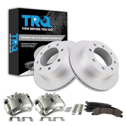 Image of TRQ Rear Brake Pad, Caliper, & Rotor Kit Ceramic Premium G-Coated Compatible with 2009 Chevrolet Express 3500 2009-2016 GMC Savana 3500