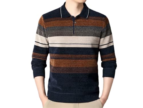 Men's Knit Pullover Sweater Casual Turn-Down Collar Striped Sweaters