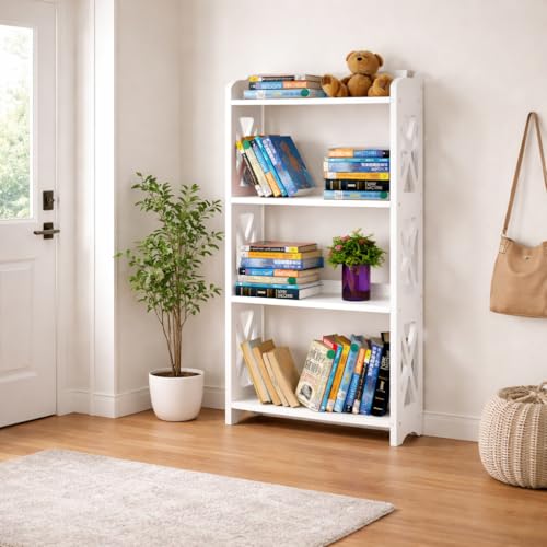Image of White Bookcase by Natural Wood, 4 Tier Bookshelf, Small Book Shelves Freestanding Display Storage Shelves. Open Bookshelf for Bedroom, Living Room and Office (White, 4 Tier)