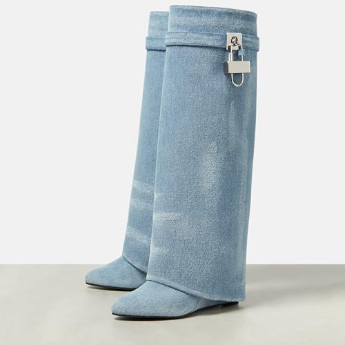 Image of Arqa Medium Blue Fold Over Knee High Boots Covered Wedge Heels Western Cowboy Boots Almond Toe Wide Calf Dress Party Shoes Size 4