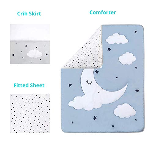 La Premura Sleeping Moon Baby Nursery Crib Bedding Set, 3 Piece Standard Size Crib Bedding Set, Blue And Grey #TOP2