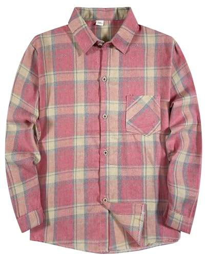 SELINK Girls Long Sleeve Flannel Shirt Kids Buffalo Plaid Button Down Shirt Casual Cute Flannel Blouse Tops Pink M