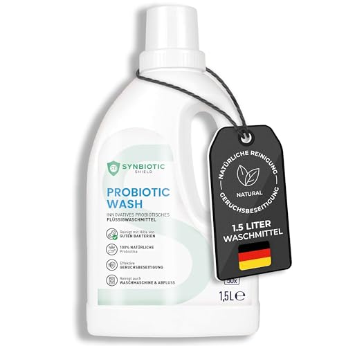 SYNBIOTIC SHIELD - Probiotisches flüssig Waschmittel 1 5L gegen Schmutz Flecken Gerüche - Natürliches Flüssigwaschmittel effektiv gegen Schweiß - Biologisch abbaubare Formel für Weiß- & Buntwäsche