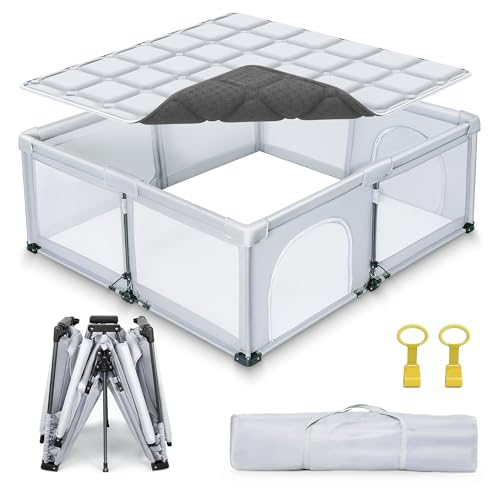 Image of Foldable Baby Playpen with Mat, 71 inchx59 inch Collapsible Playard for Babies and Toddlers, Indoor & Outdoor Portable Playpen with Detachable Thick Mat & 2 Hanging Rings,1-Minute Easy Setup