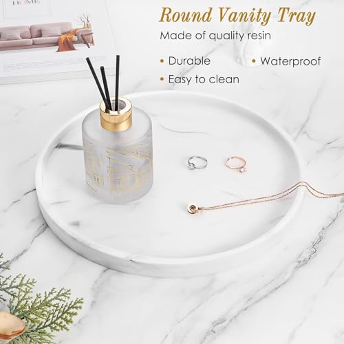 Luxspire Rund Tablett deko, Harz Kosmetiktablett Dekoschalen Schminktisch Make up Tablett Dekoteller Schmuck Organizer Servierbrett Schale für Kosmetik Schmuck Bad Wohnzimmer Deko, Marmor Weiß