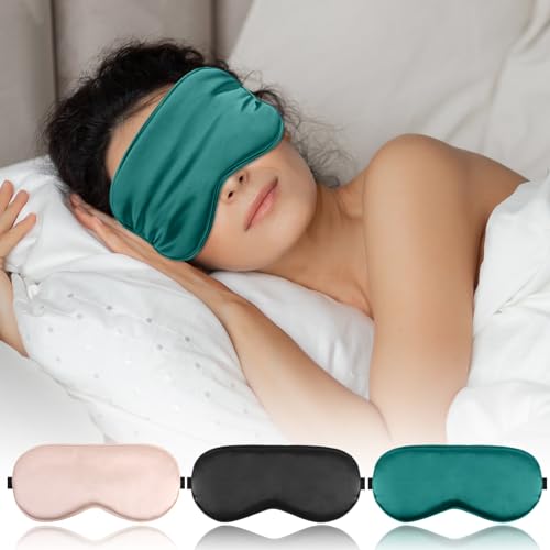 FlyCoco 3ピース シルクアイスリープマスク 横向き寝用 遮光アイマスクカバー 調節可能なストラップ付き 目隠し アイシェード スリープアイマスク 男女兼用 レディース メンズ 旅行 睡眠 ピンク+ブラック+グリーン