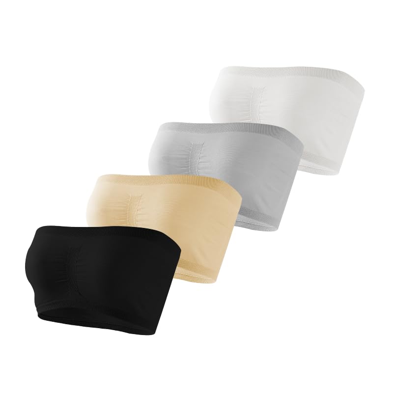 Women's Strapless Bras Seamless Stretchy Bandeau Non-Padded & Comfort Fit,4 Pieces in Multi Color