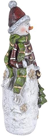 Mr Crimbo Snowman Christmas Decoration 17cm Room Ornament With Bobble Hat Green Scarf Carrying Xmas Tree Gold Snowflakes Resin Festive Indoor Figurine 7 Inch
