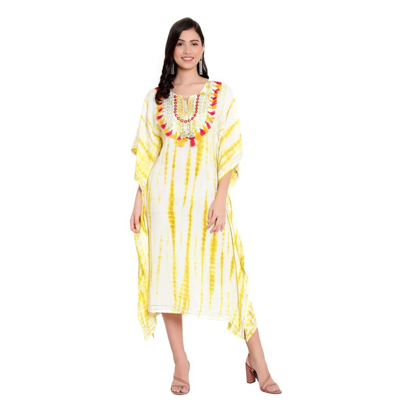 Image of Girls /Women Rayon Cotton Tie And Die Printed Kaftan Yoke Embellished Embroidery Kurti Gown Dress | Kurta /Kaftan for Women & Girls