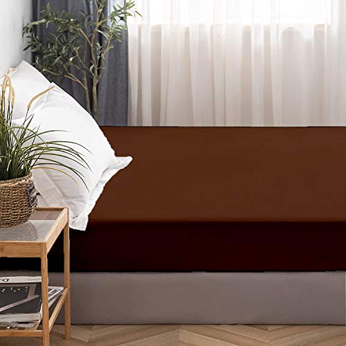Image of All Around Brushed Microfiber Double Bed Fitted Sheet - (72 x 78) Inches - 8'' Deep Pocket Elastic Fitted Bedsheet + 1 Pillow Cover 400 Series Extra Soft & Easy Fit - Chocolate