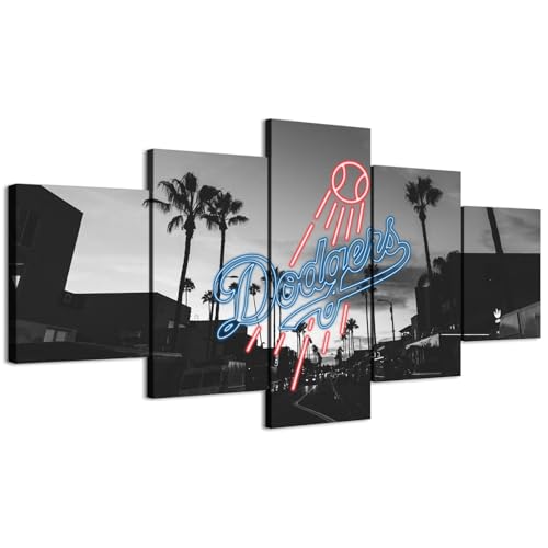 Neon effect Dodgers Sign With Los Angeles California B&#038;W Photography Poster (5-Panel Framed Canvas Printing Full Size: 60x100cm) Home Decor Man Cave Wall Art